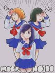  3girls arm_at_side black_hair blonde_hair blue_skirt camera copyright_name hand_on_own_cheek hand_up kurata_tome long_hair mezato_ichi mob_psycho_100 multiple_girls purple_hair school_uniform serafuku short_hair skirt smile standing takane_tsubomi yd_illustration 