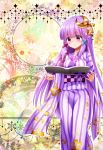  1girl bangs blunt_bangs book crescent crescent_hair_ornament eyes floating_hair floral_print hair_ornament highres japanese_clothes kimono long_hair long_sleeves open_book patchouli_knowledge print_kimono purple_hair purple_ribbon ribbon sea_scorpion_(umisasori) solo standing striped striped_kimono touhou very_long_hair violet_eyes wide_sleeves x_hair_ornament yukata 