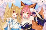  2girls :d \n/ animal_ear_fluff animal_ears arm_at_side arm_up armpits bangs bare_shoulders blonde_hair blue_bow blue_kimono blue_ribbon blush bow breasts brown_eyes character_request cherry_blossoms cleavage collarbone crossover day detached_collar eyebrows_visible_through_hair fang fate/extra fate_(series) fox_ears fox_shadow_puppet fox_tail hair_between_eyes hair_bow heart japanese_clothes kimono kimono_pull kirbyffcc kitsune large_breasts long_hair long_sleeves looking_at_viewer multiple_girls multiple_tails obi off_shoulder open_mouth outdoors petals phantasy_star phantasy_star_online_2 pink_hair ribbon sash short_sleeves sidelocks single_bare_shoulder smile spring_(season) striped tail tamamo_(fate)_(all) tamamo_no_mae_(fate) tareme upper_body v-shaped_eyebrows vertical_stripes white_kimono wide_sleeves 