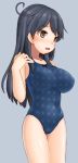  1girl antenna_hair black_hair blue_swimsuit blush brown_eyes collarbone covered_nipples cowboy_shot eyebrows_visible_through_hair grey_background hair_between_eyes hand_in_hair kantai_collection kurogane_daichi long_hair one-piece_swimsuit open_mouth polka_dot polka_dot_swimsuit simple_background solo standing swimsuit ushio_(kantai_collection) 