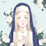  1girl arikawa_anri blonde_hair blue_background doily fantasy flower green_eyes habit hand_up long_hair looking_at_viewer monocle nun original simple_background smile solo upper_body white_flower 