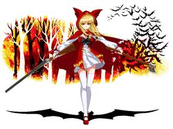  1girl axe bat braid breasts cape cleavage dual_wielding forest gun holding holding_axe holding_gun holding_weapon little_red_riding_hood long_sleeves looking_at_viewer mary_janes nature outdoors pixel_art r5r6ty red_cape red_eyes red_footwear red_hood shoes shotgun solo standing thigh-highs twin_braids vampire weapon white_background white_legwear 