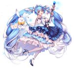  1girl blue_eyes blue_hair blush bow cape crown curly_hair dress eyebrows_visible_through_hair frilled_dress frilled_sleeves frills gem hair_ornament hatsune_miku high_heels kkuem long_hair looking_at_viewer official_art open_mouth rabbit smile snowflake_print solo strapless strapless_dress transparent_background twintails very_long_hair vocaloid white_legwear yuki_miku 