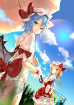  2girls bangs bat_wings blonde_hair blue_hair blue_sky bow clouds commentary_request cowboy_shot crystal day dress dutch_angle eyebrows_visible_through_hair flandre_scarlet hair_between_eyes hat hat_bow hat_ribbon highres holding holding_umbrella long_hair looking_at_viewer mob_cap multiple_girls one_side_up outdoors petticoat puffy_short_sleeves puffy_sleeves red_bow red_eyes red_ribbon red_skirt red_vest remilia_scarlet ribbon sakusyo shirt short_hair short_sleeves siblings sisters skirt skirt_set sky standing touhou tree umbrella vest white_dress white_hat white_shirt wings wrist_cuffs 