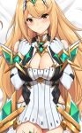  1girl bangs bare_shoulders bed_sheet blonde_hair blush breasts cleavage cleavage_cutout dakimakura dress elbow_gloves eyebrows_visible_through_hair gem gloves hair_between_eyes mythra_(xenoblade) large_breasts long_hair looking_at_viewer lying nintendo on_back solo thigh_gap tiara tony_guisado v-shaped_eyebrows very_long_hair wavy_mouth white_gloves xenoblade_(series) xenoblade_2 yellow_eyes 