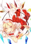  1girl blonde_hair bow chin_rest commentary_request crystal flandre_scarlet full_body grin hands_up hat hat_bow highres long_hair looking_at_viewer lying mob_cap on_stomach one_side_up petticoat puffy_short_sleeves puffy_sleeves red_bow red_eyes red_skirt red_vest sakusyo shirt short_sleeves simple_background skirt skirt_set smile socks solo touhou vest white_background white_hat white_legwear white_shirt wings wrist_cuffs 