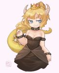  1girl black_dress black_nails blonde_hair bowsette breasts cleavage collar crown dang_chen dress eyebrows grin highres horns long_dress super_mario_bros. nail_polish new_super_mario_bros._u_deluxe nintendo pointy_ears sharp_teeth small_breasts smile solo spiked_armlet spiked_collar spiked_tail spikes strapless strapless_dress super_crown super_mario_bros. tail teeth wide_hips 