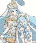  2girls aqua_(fire_emblem_if) blue_hair breasts closed_eyes dual_persona elbow_gloves feathers fingerless_gloves fire_emblem fire_emblem_heroes fire_emblem_if gloves gonzarez hair_between_eyes hair_ornament hand_on_another&#039;s_head holding_scepter intelligent_systems jewelry long_hair medium_breasts multiple_girls nintendo parted_lips pendant scepter simple_background sleeping veil white_background white_gloves yellow_eyes younger 
