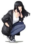  1girl absurdres bangs black_hair black_jacket breasts casual cleavage closed_mouth converse denim grey_eyes hand_in_pocket hand_on_own_cheek highres jacket jeans large_breasts long_hair looking_at_viewer naoko_(9113419) original pants shoes sneakers squatting white_tank_top 