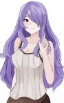  1girl breasts camilla_(fire_emblem_if) camisole cleavage closed_mouth cosplay female_my_unit_(fire_emblem:_kakusei) female_my_unit_(fire_emblem:_kakusei)_(cosplay) fire_emblem fire_emblem:_kakusei fire_emblem_if hair_over_one_eye highres intelligent_systems kgctcg long_hair my_unit_(fire_emblem:_kakusei) nintendo purple_hair sawashiro_miyuki seiyuu_connection simple_background smile solo violet_eyes white_background 