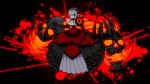  1girl black_background black_gloves black_hairband breasts claws cleavage covered_navel dress dress_flower elbow_gloves eyes flaming_skull flower full_body gloves grey_hair grey_skin hair_over_one_eye hairband horn large_breasts looking_at_viewer navel original pixel_art r5r6ty red_dress red_eyes red_flower skull solo 