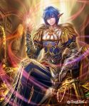  1boy blue_hair coin elf gem gold gold_trim hair_over_one_eye hand_up haya_(karn) indoors jewelry jewelry_removed legs_crossed male_focus motion_blur necklace necklace_removed official_art pointy_ears sheath shingoku_no_valhalla_gate sitting solo sword treasure_chest violet_eyes weapon 