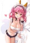  1girl :d absurdres animal_ear_fluff animal_ears bandeau bare_arms bare_shoulders black_choker black_skirt blurry breasts brown_eyes choker cleavage collarbone depth_of_field fang fate/grand_order fate_(series) frills gejigejier hair_between_eyes heart highres large_breasts long_hair looking_at_viewer lying maid maid_headdress microskirt midriff navel on_bed on_side open_mouth pink_hair pleated_skirt skirt smile solo stomach tamamo_(fate)_(all) tamamo_no_mae_(fate) thighs two_side_up wrist_cuffs 