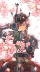  1girl armor bangs belt belt_buckle brown_belt buckle cherry_blossoms closed_mouth flower gauntlets green_eyes holding holding_sword holding_weapon katana kuroimori looking_at_viewer monster_hunter monster_hunter:_world pauldrons petals pink_flower pink_rathian_(armor) purple_hair short_hair smile solo sword weapon white_background 