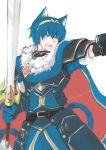  1boy alternate_costume animal_ears armor blue_eyes blue_hair cape cat_boy cat_ears cat_tail falchion_(fire_emblem) fang fire_emblem fire_emblem:_mystery_of_the_emblem fire_emblem_heroes gloves intelligent_systems male_focus marth nintendo paw_print qumaoto short_hair solo super_smash_bros. sword tiara weapon 