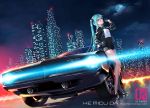  1girl aqua_eyes aqua_hair black_gloves breasts candy car city clouds food full_moon gloves ground_vehicle hamada_youho hand_in_hair hatsune_miku high_heels jacket lollipop long_hair looking_at_viewer moon motor_vehicle night pencil_skirt skirt solo twintails very_long_hair vocaloid 