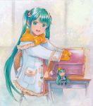  1girl :d aqua_hair backpack backpack_removed bag bow classroom coat desk eyebrows_visible_through_hair floating_hair flower frills from_side green_eyes hair_bobbles hair_ornament hatsune_miku highres indoors long_hair looking_at_viewer marker_(medium) mayo_riyo mittens open_mouth red_sweater scarf shiny shiny_hair sitting smile solo sweater traditional_media twintails very_long_hair vocaloid white_coat white_legwear winter_clothes winter_coat yellow_bow yellow_flower yellow_scarf younger 