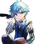  1boy blue_eyes blue_hair book fate/extra fate_(series) hans_christian_andersen_(fate) highres male_focus oomori_(kswmr) open_book quill simple_background solo white_background 