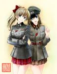  2girls :d absurdres blonde_hair blue_eyes bow brown_hair brown_skirt cowboy_shot crossed_arms eyebrows_visible_through_hair grey_hat grey_jacket hair_between_eyes hair_bow hand_on_another&#039;s_shoulder hat head_tilt high_ponytail highres jacket long_hair looking_at_viewer military military_hat military_jacket military_uniform miniskirt multiple_girls oofuji_reiichirou open_mouth original plaid plaid_skirt pleated_skirt red_bow red_skirt skirt smile standing uniform white_background 