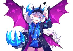  1girl absurdres black_jacket black_neckwear blue_eyes blue_shirt commentary_request crown demon_girl demon_horns demon_wings elsword eyebrows_visible_through_hair flat_chest gauntlets gloves hand_on_headwear hat headwear highres horns jacket jewelry long_hair looking_at_viewer luciela_r._sourcream mismatched_gloves necktie noblesse_(elsword) open_mouth pink_wings pointy_ears ring shirt simple_background smile solo spikes star star-shaped_pupils symbol-shaped_pupils tail very_long_hair white_background white_hair wings yumuto_(spring1786) 