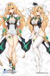  1girl armpits arms_up bangs bare_shoulders bed_sheet blonde_hair blush breasts cleavage cleavage_cutout commentary cuddly_octopus dakimakura dress elbow_gloves english_commentary eyebrows_visible_through_hair frown full_body gem gloves hair_between_eyes head_tilt highleg highleg_leotard highres mythra_(xenoblade) large_breasts leotard long_hair looking_at_viewer lying multiple_views nintendo on_back thigh-highs thigh_gap thigh_strap tiara tony_guisado v-shaped_eyebrows very_long_hair white_gloves white_legwear xenoblade_(series) xenoblade_2 yellow_eyes 