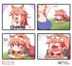  2girls 4koma animal_ear_fluff animal_ears apron bell bell_collar blush breasts cat_paws cleavage collar comic english_text fangs fate/grand_order fate_(series) fox_ears fox_girl gloves highres jingle_bell keita_naruzawa long_hair maid_headdress multiple_girls open_mouth paw_gloves paws pink_hair tamamo_(fate)_(all) tamamo_cat_(fate) tamamo_no_mae_(fate) tears yellow_eyes 