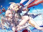  2girls ass azur_lane blonde_hair blue_eyes breasts covering covering_breasts crown elbow_gloves gloves kneehighs krab leg_up leotard long_hair looking_at_viewer multiple_girls open_mouth outdoors queen_elizabeth_(azur_lane) scepter short_hair_with_long_locks small_breasts splashing sword thigh-highs torn_clothes torn_leotard violet_eyes warspite_(azur_lane) water weapon white_gloves white_legwear 
