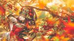  1girl autumn_leaves bangs blurry blurry_foreground breasts brown_hair cleavage commentary_request day depth_of_field fingernails green_eyes hair_ornament holding holding_skull japanese_clothes kimono kiyohime_(onmyoji) leaf long_fingernails long_hair long_sleeves looking_at_viewer looking_to_the_side maple_leaf mask mask_on_head nail_polish onmyoji outdoors red_kimono red_nails say_hana sharp_fingernails skull solo tree_branch very_long_hair wide_sleeves 