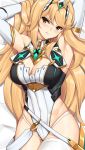  1girl armpits arms_up bed_sheet blonde_hair blush breasts cleavage_cutout dakimakura elbow_gloves eyebrows_visible_through_hair frown gem gloves head_tilt highleg highleg_leotard mythra_(xenoblade) large_breasts leotard long_hair looking_at_viewer lying nintendo on_back solo thigh-highs tiara tony_guisado v-shaped_eyebrows very_long_hair white_gloves white_legwear xenoblade_(series) xenoblade_2 yellow_eyes 