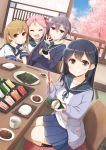  &gt;_&lt; 4girls :d ahoge akebono_(kantai_collection) bandaid bandaid_on_face bangs bell black_hair black_legwear blue_sailor_collar blue_shirt blue_skirt blush breasts brown_hair buttons chopsticks closed_mouth collarbone commentary_request cup drink eating eyebrows_visible_through_hair flower food hair_bell hair_between_eyes hair_bobbles hair_flower hair_ornament highres holding indoors jacket jingle_bell kantai_collection large_breasts leaf long_hair long_sleeves looking_at_viewer multiple_girls neck_ribbon oboro_(kantai_collection) open_mouth pink_hair pleated_skirt purple_hair ribbon rice sailor_collar sazanami_(kantai_collection) school_uniform seiza serafuku shirt short_hair short_sleeves side_ponytail sitting skirt smile socks soy_sauce tatami tree twintails ushio_(kantai_collection) v vegetable violet_eyes window xd yume_no_owari 
