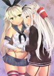  2girls amatsukaze_(kantai_collection) black_dress black_panties blonde_hair blue_skirt bow brown_eyes dress elbow_gloves face-to-face garter_straps gloves green_eyes groin hair_bow hair_tubes hand_holding hat highleg highleg_panties kantai_collection long_hair midriff miniskirt moriya1707 multiple_girls navel panties panty_pull pulled_by_another ribbon sailor_collar school_uniform serafuku shimakaze_(kantai_collection) shirt short_dress single_glove skirt sleeveless sleeveless_shirt smile striped striped_legwear thigh-highs two_side_up underwear white_gloves white_hair white_shirt yuri zettai_ryouiki 