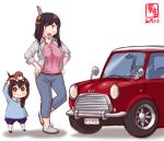  2girls :3 alternate_costume animal animal_on_head artist_logo black_hair blue_eyes bow braid brown_hair car child dated dog dog_on_head ground_vehicle hair_bow highres kanon_(kurogane_knights) kantai_collection long_hair mini_cooper motor_vehicle multiple_girls on_head open_mouth red_bow red_eyes shigure_(kantai_collection) short_hair side_braid single_braid smile sparkle sparkling_eyes symbol-shaped_pupils white_background yamashiro_(kantai_collection) younger 