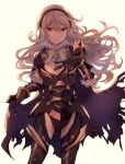  1girl armor black_armor black_hairband breasts cape cleavage closed_mouth female_my_unit_(fire_emblem_if) fire_emblem fire_emblem_if frilled_shirt_collar frills hairband long_hair my_unit_(fire_emblem_if) nintendo pikapika_hoppe pointy_ears red_eyes simple_background solo torn_cape torn_clothes white_background white_hair 