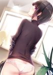  1girl ass bangs black_shirt blurry blurry_background brown_hair butt_crack commentary_request depth_of_field dutch_angle eyebrows_visible_through_hair from_behind highres idolmaster idolmaster_cinderella_girls idolmaster_cinderella_girls_starlight_stage indoors long_sleeves looking_at_viewer looking_back no_pants panties parted_lips plant revision shirayuki_chiyo shirt solo underwear violet_eyes wall_lamp white_panties window yan_(nicknikg) 