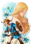  1boy 1girl absurdres armlet arrow blonde_hair blue_eyes blue_tunic bow_(weapon) bracer brown_footwear closed_eyes dress fingerless_gloves flower gloves hands_together highres holding holding_shield holding_sword holding_weapon jewelry link long_hair necklace nintendo pants pointy_ears ponytail princess_zelda quiver sheikah_slate shield standing sword the_legend_of_zelda the_legend_of_zelda:_breath_of_the_wild very_long_hair weapon white_dress yzderia 