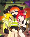  3girls :o agent_8 amatcha bare_shoulders bike_shorts black_cape black_skirt blonde_hair blue_eyes cape cellphone closed_eyes closed_mouth domino_mask eyes_visible_through_hair headgear hero_shot_(splatoon) inkling long_hair long_sleeves looking_at_viewer lying mask miniskirt multiple_girls octarian octoling on_back on_side one_eye_closed open_mouth orange_hair phone pointy_ears ponytail redhead short_hair single_vertical_stripe skirt sleeping smartphone smartphone_case smile splatoon splatoon_(series) splatoon_2 splatoon_2:_octo_expansion squidbeak_splatoon suction_cups tentacle_hair thigh_strap torn_cape torn_clothes vest waking_up 