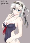  1girl alternate_costume anchor_print black_headband blue_eyes blue_swimsuit blush breasts dated eyebrows_visible_through_hair grey_background hachimaki hair_between_eyes hair_flaps headband highres kantai_collection large_breasts long_hair mimamui one_side_up silver_hair simple_background solo suzutsuki_(kantai_collection) swimsuit 