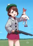  1girl :d absurdres arm_up artist_name bangs blue_sky blush bright_pupils commentary cowboy_shot creatures_(company) day english_commentary eyebrows_visible_through_hair female_protagonist_(pokemon_swsh) field game_freak gen_8_pokemon green_hat grey_cardigan gun hat highres holding holding_gun holding_weapon kion-kun long_sleeves looking_at_viewer miniskirt nintendo open_mouth outdoors pink_skirt pokemon pokemon_(creature) pokemon_(game) pokemon_swsh scorbunny short_hair shotgun skirt sky smile swept_bangs tareme tongue tongue_out trigger_discipline v-shaped_eyebrows weapon x_x 