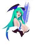  1girl aqua_hair bangs bare_shoulders bat_wings breasts cleavage fang gradient gradient_hair guiguz head_wings heart heart-shaped_pupils highres large_breasts long_hair morrigan_aensland multicolored_hair red_eyes simple_background solo symbol-shaped_pupils tongue tongue_out upper_body vampire vampire_(game) white_background wings 