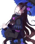 1girl absurdres black_dress breasts brown_hair corset double_bun dress fate/grand_order fate_(series) frilled_umbrella frills gem hair_between_eyes hakisou highres holding holding_umbrella large_breasts long_hair long_sleeves looking_at_viewer murasaki_shikibu_(fate) pink_eyes puffy_long_sleeves puffy_sleeves simple_background solo striped sweat two_side_up umbrella vertical_stripes very_long_hair white_background 