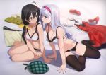  2girls absurdres alternate_hairstyle antenna_hair arm_support bare_arms bare_legs bare_shoulders barefoot black_hair black_legwear blue_eyes blurry blush bra breasts cleavage clenched_hand closed_mouth clothes_removed depth_of_field eye_contact eyebrows_visible_through_hair female full_body ganaha_hibiki hair_between_eyes hair_ribbon hairband highres idolmaster kamo_kamen large_breasts legs lingerie long_hair looking_at_another low_ponytail medium_breasts midriff multiple_girls nail_polish navel panties parted_lips pink_eyes pink_hairband pink_nails ribbon scan shadow shijou_takane sidelocks silver_hair sitting sweatdrop thigh-highs underwear underwear_only white_bra white_panties yellow_ribbon yokozuwari yuri 