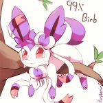  alternate_color artist_name bow branch commentary creatures_(company) english_commentary game_freak gen_6_pokemon hanging_on_tree in_tree looking_to_the_side nintendo no_humans number pokemon purpleninfy ribbon simple_background smile sylveon tree violet_eyes white_background 