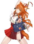  1girl absurdres animal_ear_fluff animal_ears bag fate/grand_order fate_(series) fox_girl fox_tail hakisou highres holding holding_sword holding_weapon long_hair looking_at_viewer obi orange_eyes orange_hair pleated_skirt red_sash red_skirt ribbon_trim sash school_bag scrunchie simple_background skirt solo suzuka_gozen_(fate) sword tail weapon white_background wrist_scrunchie 