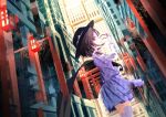  1girl arawara brown_eyes brown_hair cape cape_removed city cityscape eyewear_removed glasses hat highres lantern low_twintails over-kneehighs puffy_sleeves school_uniform skirt smile thigh-highs torii touhou twintails usami_sumireko 