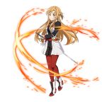  1girl asuna_(sao) augma boots braid brown_eyes brown_hair dress floating_hair full_body gloves half_gloves highres holding holding_sword holding_weapon long_hair looking_at_viewer pantyhose red_legwear short_dress smile solo standing sword sword_art_online transparent_background very_long_hair weapon white_gloves 