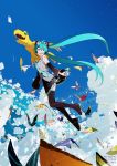  1girl agumon aqua_eyes aqua_hair aqua_neckwear artist_name bandai bare_shoulders belt blue_sky breasts bug butterfly claws clouds cloudy_sky commentary company_name crescent_moon crossover detached_sleeves digimon digimon_adventure_tri. digivice fangs female flying full_body green_eyes hair_ornament hatsune_miku headset highres holding insect island long_hair looking_back moon necktie ocean official_art sharp_teeth shiny shirt shoulder_tattoo skirt sky sleeveless sleeveless_shirt smile star_(sky) starry_sky tattoo teeth thigh-highs twintails uki_atsuya very_long_hair vocaloid 