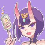  1girl alcohol balancing bangs beer beer_can bob_cut can fang fate/grand_order fate_(series) hcnone index_finger_raised looking_at_viewer oni oni_horns open_mouth outline pixel_art portrait purple_background purple_hair short_hair shuten_douji_(fate/grand_order) simple_background smile solo violet_eyes white_outline 