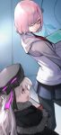  2girls 55level book carrying eyebrows_visible_through_hair fate/grand_order fate_(series) from_behind gloves grey_hair hair_over_one_eye hat highres looking_at_another mash_kyrielight multiple_girls nursery_rhyme_(fate/extra) open_mouth pink_hair short_hair smile violet_eyes 