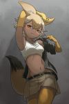  1girl absurdres animal_ears arm_belt arm_up armpits bare_shoulders belt blonde_hair blush closed_mouth collarbone coyote_(kemono_friends) coyote_ears coyote_tail dark_skin elbow_gloves extra_ears fang fang_out gloves hair_between_eyes hand_up head_tilt highres kemono_friends midriff miniskirt multicolored_hair navel okojo_ojoko open_clothes open_shirt platinum_blonde_hair seductive_smile shirt short_hair skirt smile solo sports_bra stomach tail thigh-highs two-tone_hair undressing upper_body zettai_ryouiki 