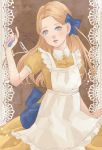  1girl alice_(wonderland) alice_in_wonderland apron arikawa_anri blonde_hair blue_bow blue_eyes bow brown_background dress hair_bow hand_up highres lace long_hair looking_at_viewer parted_lips pinafore_dress potion short_sleeves solo vial white_apron yellow_dress 